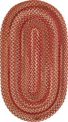 a red and green braided rug on a white background with an oval shape in the center