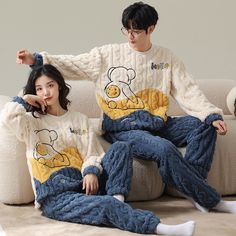 size: Female L, Color: A58193 Boyfriend Cartoon, Cartoon Goose, Kawaii Winter, Winter Couple, Couple Pajamas, Winter Pajamas, Winter Color, Pajamas Set, Bear Print