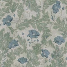 a blue and green floral wallpaper with leaves