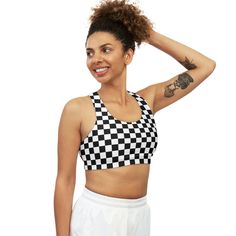 This custom sports bra is made to keep you stylishly comfy and well-supported during peak performance.  Made with 82% Microfiber Polyester and 18% Spandex, these bras strike the perfect balance between softness and stretchiness. The durable fabric delivers medium support with unique patterns making it a highly unique item for sports enthusiasts. .: Soft to the touch .: Runs true to size .: Material: 82% Microfiber Polyester 18% Spandex .: Durable and stretchy fabric (7.5 oz /yd² (250 g/m .: Assembled in the USA from globally sourced parts Sports Racerback Bra, High Stretch Sports Bra In Black, Breathable Racerback Bra With Medium Support, Seamless Sports Bra With Medium Support, Breathable Medium Support Racerback Bra, Racerback Sports Bra For Sports Events, Sports Bra With Fitted Stretch, Breathable Racerback Bra For Gym, Sports Bra Fitted Sportswear