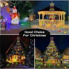 christmas lights and decorations are shown in four different pictures, including a gazebo with snowmen on it