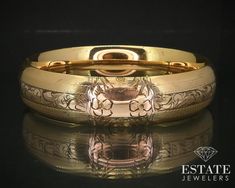 Cute victorian era bangle with engraved floral designs around it and a blank spot in the middle for your own monogram! 16mm tall face.  stamped 1/10. Fits an approximate 7-7.5" wrist. Hinge and clasp work great and in great overall condition considering its age Victorian Gold, Hinged Bangle, Antique Victorian, Victorian Era, Floral Designs, Toledo, Bangle Bracelet, Gold Filled, Bangle Bracelets