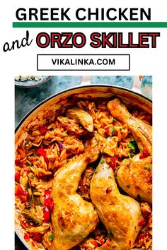 greek chicken and orzo skillet in a pan with text overlay