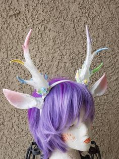 This listing is for a translucent set of antlers painted in spring style pastels and ears, attached to a plain .5 inch black or white headband. Ultra Realistic, Ultra Light Weight 3D printed Fantacy Crystal Ice antlers measure at about 9.5 inch length included are plastic ears covered in faux fur like fabric. Available in many other colors. Convo your ideas. Processing time is 3-5 days however the closer it gets to Christmas the processing time is longer as we get a lot of orders at the same tim Novelty Cat Ears Costume Hat For Cosplay, Novelty Costume Hat With Cat Ears, Themed Costume Hat With Cat Ears, Fantasy Cosplay Costume For Carnival, Cat Ears Hats And Headpieces For Cosplay, Cat Ears Costume Hats For Cosplay Events, White Costume Ears For Cosplay, Novelty Bunny Ears For Cosplay, Cat Ears Costume Accessories For Cosplay Carnival