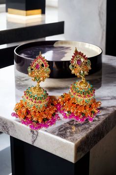 Sahana Matte Gold Plated Multicolor Jhumkas - Navratan Indian jewelry Ethnic Looks, Orange Material, Lavender Blue, Jhumka Earrings, Gold Light, Gold Orange, Earring Type, Orange Gold, Earrings Color