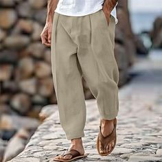 Season:Spring  Summer; Fabric:100% Cotton; Gender:Men's; Style:Fashion,Streetwear; Occasion:Holiday,Daily,Casual; Fit Type:Regular Fit; Function:Breathable,Comfort; Waistline:Mid Waist; Pattern:Plain; Design:Front Pocket,Pleats; Brand:OUKU; Pants Type:Trousers,Tapered Carrot Pants,Beach Pants,Summer Pants; Fly Type:Button; Front page:FF; Listing Date:07/19/2024 Baggy Harem Pants With Pockets For Vacation, Non-stretch Leisure Bottoms For Summer, Baggy Solid Color Pants For Vacation, Baggy Solid Color Bottoms For Vacation, Baggy Straight Pants For Vacation, Baggy Summer Vacation Pants, Summer Vacation Baggy Pants, Baggy Straight Leg Beach Pants, Casual Harem Pants With Relaxed Fit, Ankle-length