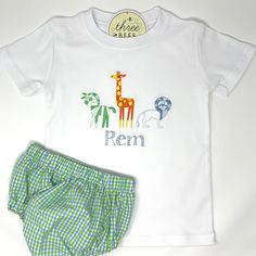 Our Zoo Trio Boys Embroidery T-shirt is perfect for your animal loving little boy. Add a name for personalization. Cute T-shirt With Machine Embroidery And Short Sleeves, Cute Machine Embroidered Short Sleeve T-shirt, Playful Embroidered Cotton T-shirt, Playful Embroidered Short Sleeve Tops, Green Short Sleeve T-shirt With Custom Embroidery, Personalized Unisex Short Sleeve T-shirt, Personalized Green Cotton T-shirt, Personalized Green Short Sleeve Tops, Trio Boys