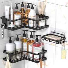 two black bathroom shelves with soap, lotion and hand sanitizers