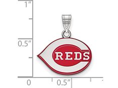 Rhodium over sterling silver enameled MLB's Cincinnati Reds medium pendant from LogoArt.   Measures approximately 0.71"L x 0.59"W. Red Round Jewelry With Black Enamel, Red Enamel Round Necklace, Red Enamel Round Pendant Necklace, Red Enamel Jewelry With Charms, Collectible Red Jewelry With Polished Finish, Red Polished Finish Collectible Jewelry, Red Sterling Silver Jewelry With Polished Finish, Red Engraved Round Pendant Jewelry, Red Enamel Nickel-free Necklace