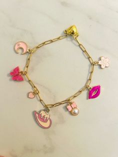 This 7 inch charm bracelet features fun pink charms and a magnetic clasp! Perfect for the pink girlies! Pink Charms, Cowgirl Bracelets, Pink Charm Bracelet, Sister Bridesmaid, Hair Bracelet, Best Friends Sister, Pink Charm, Art Deco Bracelet, Gift For Best Friend