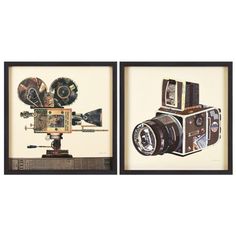 two framed photographs of old cameras