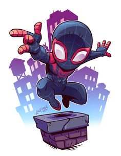 a cartoon spider man is jumping over a brick wall in the middle of a city