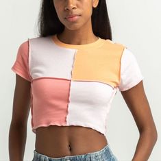 Nwt - Rsq Blocked Exposed Seamtee. Solid Blocked Top. Exposed Seams. Short Sleeves. 50% Cotton 50% Polyester. Size Small Model Is Wearing A Size Small. Model Measurements: Height: 5’7” Bust: 32” Waist: 23” Hips: 32” Pink Patchwork T-shirt For Summer, White Patchwork Tops For Spring, Trendy White Patchwork Tops, Summer Color Block T-shirt, Short Sleeve Patchwork Top In Contrasting Colors, Contrast Patchwork Short Sleeve Top, Pink Short Sleeve Tops With Contrast Color, Pink Short Sleeve Top With Contrast Color, Fitted White Patchwork Tops