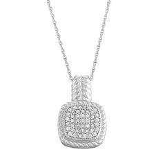 Dazzling with round-cut diamonds in a cushion motif, this sterling silver necklace offers striking style. Click on this JEWELRY & WATCHES GUIDE to learn about fit, styles, materials and more!PENDANT DETAILS Pendant length: .77 in. Chain length: 18 in. Clasp: spring-ring Metal: sterling silver Plating: rhodium DIAMOND DETAILS Total weight: 1/4 ct. Shape: round Color grade: I-J Clarity: I2-I3 Setting: prong Gemstones may have been treated to enhance their appearance. Special care may be required. Ring Metal, Sterling Silver Necklace, Round Cut Diamond, Metal Rings, Spring Rings, Chain Length, Sterling Silver Necklaces, Pendant Jewelry, Womens Jewelry Necklace