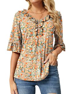 PRICES MAY VARY. ❤SOFT FABRICS: These 3/4 Sleeve Shirts are made by 60%Polyester+35%Rayon+5%Spandex, super soft, stretchy and breathable. Womens Ruffle Tops, V Neck Blouses, Summer Casual Tee Shirt. �❤CUTE DESIGNS: Our Summer Tops feature V Neck with Ruffles, 3/4 Bell Sleeve and Loose Fit. Different from regular T-shirts, the ruffle bell sleeve design adds a touch of uniqueness, simple yet stylish. It is a versatile item in a woman's wardrobe. ❤EASY TO WEAR: This Casual V Neck T Shirt is going to Puff Long Sleeve Top, Ruffle Tops, V Neck T Shirts, Ruffled Tunic, Ruffle Bell Sleeve, Tunic Tops Casual, Casual Tunics, Puff Long Sleeves, Green Blouse