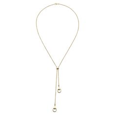 Gucci marks the 20th anniversary of its iconic Horsebit jewelry line with timeless and iconic pieces crafted from 18k yellow gold. This chain necklace, measuring 22.6 inches in length, showcases two pendant details inspired by the half-horsebit motif. Gucci Ladies Necklaces. SKU: YBB795850001. Color: Yellow. Metal Type: Yellow Gold. Metal Stamp: 18k. Gem stone type: None. Necklace style: 1 Band. Luxury Clavicle Chain Necklace, Elegant Yellow Gold Necklace With Polished Finish, Gucci Polished Finish Necklace For Gift, Gucci Necklace With Polished Finish As Gift, Gucci Necklace With Polished Finish For Gift, Elegant Gucci Necklace With Polished Finish, Classic Gold Lariat Necklace With Clavicle Chain, Luxury Round Chain Necklace, Luxury Delicate Chain Necklace