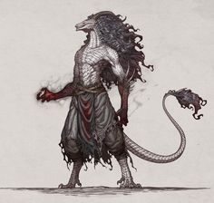 a drawing of a creature with long hair and claws on it's back legs