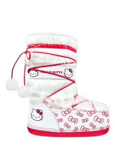 Hello Kitty snuggles her way into this comfy boot. The Blizz features a white vegan fur upper with printed vegan leather detailing. It also includes a red rubber outsole and white pom poms on the red laces. Chrustmas Shoes, Hello Kitty Heels Dolls Kill, Hello Kity Bape Shoes, Basketball Shoes Hello Kitty, Hello Kitty Build A Bear Clothes Uk, Nike Custom Shoes Hello Kitty, Styling Pink Moon Boots, Hello Kitty Ugg Boots, Hello Kitty Slippers Woman