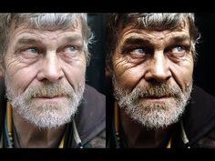 three different pictures of an old man with white hair and beards, one is looking at the camera