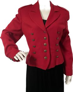 This is a wool jacket from Neiman Marcus exclusive, made in the USA.  The double breasted jacket has three rows of buttons down the front, also three buttons on each cuff and one on each epaulette. The jacket is fully lined with red acetate and has shoulder pads.   A fun way to add a pop of color and interest to your denim or a LBD.  Size tag 10, check measurements carefully, no stretch.  Some verdigris on one of the sleeve buttons, otherwise no flaws noted.   Measurements taken with jacket layi Formal Double-breasted Cropped Jacket With Buttons, Formal Double-breasted Cropped Jacket, Classic Fitted Double-breasted Cropped Jacket, Winter Double-breasted Cropped Jacket, Fitted Double-breasted Cropped Jacket With Buttons, Formal Double-breasted Cropped Winter Jacket, Formal Double-breasted Cropped Jacket For Winter, Formal Fitted Double-breasted Cropped Jacket, Fitted Double-breasted Cropped Jacket For Formal Events