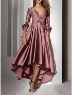 A-Line Cocktail Dresses Party Dress Wedding Guest Birthday Asymmetrical 3/4 Length Sleeve V Neck Satin with Bow(s) Pleats 2024 Long Sleeve Evening Midi Dress For Wedding, Long Sleeve Midi Dress For Evening Wedding, Elegant A-line High Low Dress For Spring, Fitted A-line High Low Dress For Parties, Chic Party High Low A-line Dress, Elegant Cocktail Evening Dress With 3/4 Sleeves, Formal Dress With Asymmetrical Hem For Party Season, Chic A-line High-low Party Dress, Summer Party Long Sleeve Mother Of The Bride Dress