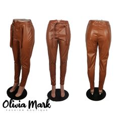 Olivia Mark - Faux Leather High Waist Pants Fall Paperbag Waist Pants, Trendy Paperbag Waist Bottoms For Fall, Chic Paperbag Waist Bottoms For Fall, Brown Paperbag Waist Bottoms For Work, Paperbag Waist Bottoms For Workwear In Fall, Trendy Paperbag Waist Pants For Fall, Fall Bottoms With Paperbag Waist And Belt Loops, Fall Bottoms With Belt Loops And Paperbag Waist, Elegant Bottoms With Paperbag Waist For Fall