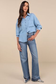 Get ready to fall in love with the Lulus Coveted Option Blue Chambray Long Sleeve Button-Up Top! Lightweight woven chambray shapes this essential top that has long sleeves with button cuffs and a collared neckline. A functional button placket accents the front, alongside a single patch pocket. Slightly rounded, hip-length hems complete the look. Fit: This garment fits true to size. Length: Size medium measures 26.5" from shoulder to hem. Bust: Great for any cup size. Waist: Not Fitted - comforta Denim Blue Button-up Workwear Blouse, Relaxed Fit Denim Blouse With Buttons, Chic Light Wash Tops With Pockets, Chic Light Wash Top With Pockets, Chic Denim Button-up Top, Classic Light Wash Long Sleeve Denim Top, Chic Medium Wash Tops With Pockets, Chic Medium Wash Top With Pockets, Classic Long Sleeve Light Wash Denim Top