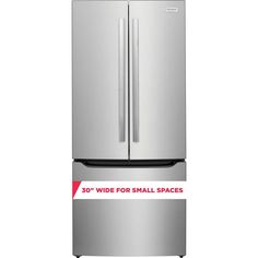 a stainless steel refrigerator with the words 30 wide for small spaces