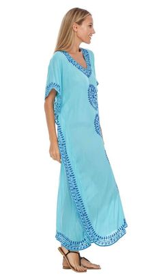 Beautiful long kaftan with embroidered trim. Lightweight swimwear coverup for any beach day! Stylish bohemian look with the handcrafted feel. Embroidered Kaftan For Beach Cover-up, Blue Bohemian Cover-up For Beach Party, Blue Flowy Cover-up For Beach Season, Light Blue V-neck Maxi Dress For Beach, Long Embroidered Kaftan For Beach Season, Long Embroidered Cover-up For Vacation, Embroidered Long Kaftan For Beach, Embroidered Kaftan For Beach, Long Embroidered Kaftan For Beach