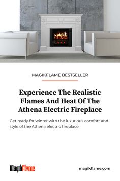 a fireplace with the words get cozy this spring with the magic flame athena electric fireplace