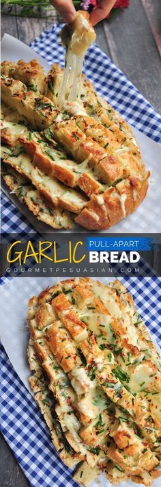 garlic bread is being served on a blue and white checkered tablecloth with text overlay