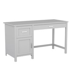 a white desk with two drawers and one drawer on the bottom, in front of a white background