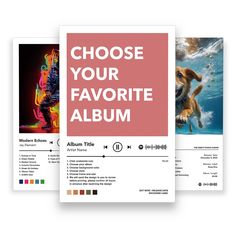 three different flyers with the words choose your favorite album and an image of a dog swimming in