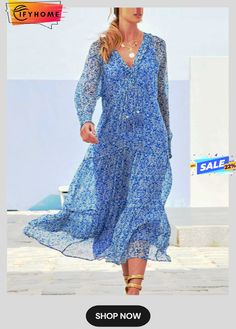 Casual Chiffon V Neck Dress Bohemian Long Sleeve Chiffon Dress For Beach, Bohemian Chiffon Dress For Spring Day Out, Casual Midi Chiffon Dress For Brunch, Casual Midi Length Chiffon Dress For Brunch, Long Sleeve Chiffon Dress For Casual Wear, Bohemian Midi Chiffon Beach Dress, Long Sleeve Chiffon Dress For Casual Occasions, Bohemian Beach Midi Chiffon Dress, Blue Chiffon Midi Dress For Day Out