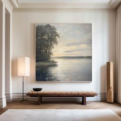 Large Landscape Painting Landscape Art On Canvas Modern Lake View Painting Canvas Art For Livingroom Acrylic Paintings On Canvas, Retro Painting, Custom Frames, Country Landscaping, Boho Farmhouse, Lake Wall Art, Farmhouse Wall Art, Linen Canvas, Hand Painted Artwork