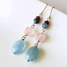 Aquamarine Rose Quartz Garnet Earrings Gold Filled wire wrapped natural gemstone bohemian statement long dangle drops gift for her 7518 Fish Hooks Show, Garnet And Gold, Rose Quartz Earrings, Garnet Earrings, Fine Earrings, Quartz Rose, Red Garnet, Boho Earrings, Artisan Jewelry