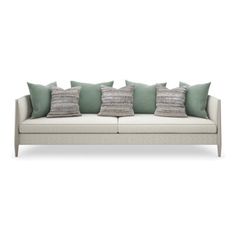 an image of a couch with pillows on the top and bottom part of it, in front of a white background