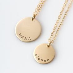 "This sweet little matching necklace set for you and your little one is a perfect gift for mom, grandma, nana, auntie. Offered in quality 14k gold fill, sterling silver, and rose gold fill. HOW - TO - ORDER 1. Select your options from the drop down menu see photo for font styles and symbol options 2. Chain length options are 16\", 18\" & 20\". For additional chain lengths a ½\", 1\", 2\" or 3\" extender chain can be purchased here: https://etsy.me/38hVeVS 3. Add to cart (repeat for multiple Nickel Free Yellow Gold Necklace As Gift For Mom, Nickel-free Yellow Gold Necklace For Mom, Nickel-free Name Necklace For Mother's Day Gift, Nickel-free Necklace For Mother's Day Personalized Gift, Hand Stamped Name Necklace For Mother's Day, Hand Stamped Round Pendant Necklace For Mom, Hand Stamped Round Disc Necklace For Mom, Hand Stamped Round Pendant Necklace As Gift For Mom, Nickel Free Necklaces For Mother's Day