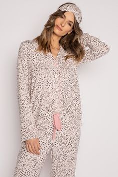 The queen of pajama sets - a classic style in our smooth modal jersey - a luxe, year-round weight fabric. Makes a perfect gift for (yourself) or any occasion, with a matching embroidered sleep mask with "Sweet Dreams". Ivory mini leopard print, with charcoal contrast. Note our "Stone" fabric color is more cream in nature. Feminine Long Sleeve Sleepwear For Loungewear, Feminine Long Sleeve Sleepwear For Relaxation, Soft Touch Tops For Lounging, Soft Touch Tops For Loungewear, Long Sleeve Modal Sleepwear For Loungewear, Modal Sleepwear For Lounging, Feminine Long Sleeve Lounging Sets, Elegant Long Sleeve Tops For Lounging, Pajama Sets