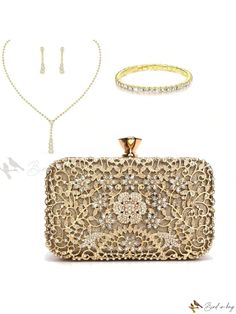 Bird in Bag - Exquisite Womens Clutch Bags: Elegant Silver Clutch with Gem-Encrusted Design, Opulent Golden Metal Chain, and Complete Jewelry Set of Earrings, Necklace, and Bracelet Bags Elegant, Womens Clutch, Rhinestone Jewelry Set, Silver Clutch, Evening Purse, Ladies Clutch, Necklace And Bracelet, Clutch Bags, Rhinestone Jewelry