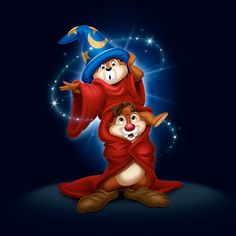 two cartoon characters dressed in red robes and blue hats, sitting on the ground with their arms around each other