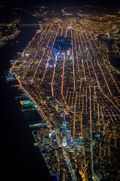 an aerial view of new york city at night