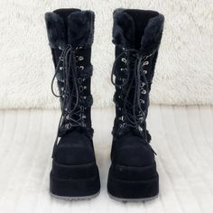 Goth Fashion Punk, You Are Important, Foot Bed, Cuff Detail, Goth Punk, Black Faux Fur, Calf Boots, Goth Fashion, Fur Trim