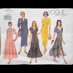 three women's dresses and one woman's purse are shown in this sewing pattern