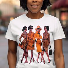 This ADULT UNISEX shirt showcases a fashion illustration of 4 vintage style black women dressed in animal prints. Crafted with care from 100% soft cotton, this tee offers unbeatable comfort and is ready to wear. Available in a variety of sizes and colors, even those not shown. With side seams for enhanced durability, this tee is a versatile addition to your wardrobe. Check our measurement chart to ensure a perfect fit and wear your pride with this striking tee. Embrace the essence of wild old sc Retro Fitted Printed T-shirt, Fitted T-shirt With Vintage Print And Short Sleeves, Vintage Fitted T-shirt With Funny Print, Fitted Vintage Print T-shirt For Spring, Fitted Graphic Tee With Print, Fitted Printed Graphic Tee, Fitted Printed Graphic Tee Shirt, Fitted Graphic Tee With Funny Print, Fitted Graphic Tee With Sublimation Print