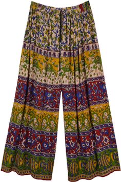 Boho streetwear pair of summer pants in beige, green, yellow, red and blue with a wide leg bottom, these elastic waist pants are lightweight.  These comfortable and loose-fit pants are ideal for lounge wear or yoga wear and just perfect for the beach. #tlb #SplitSkirtsPants #bohemianfashion #Streetwearpajamas #WideLegPants #BeachPants #Tribalbohopants Multicolor Wide-leg Harem Pants For Summer, Multicolor Harem Pants For Spring Vacation, Multicolor Pants Loosely Fitted For Vacation, Multicolor Wide Leg Pants For Summer Loungewear, Casual Multicolor Harem Pants For Summer, Multicolor Wide Leg Pants With Elastic Waistband For Vacation, Multicolor Wide Leg Pants For Beach In Summer, Multicolor Wide Leg Beach Pants With Elastic Waistband, Bohemian Multicolor Wide Leg Pants For Spring