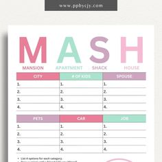 a printable mash sheet with the words mash written in pink and green