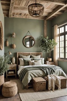 a bedroom with green walls and wooden beams, wicker baskets on the floor, an oval mirror above the bed