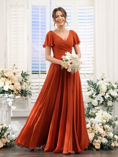 Fabric: Chiffon; Silhouette: A-Line/Princess; Neckline: V-Neck; Hemline/Train: Floor-Length; Embellishment: Ruffles; Split Side; Sleeve: Short Sleeves; Waist: Natural; Back Style: Zipper; Built-In Bra: Yes; Shown Color: Maple Red CWC#66; Season: Spring;Summer;Fall;Winter; Orange Bridesmaid Dresses Sleeves, Bridesmaid Sleeves, Burnt Orange Bridesmaid Dresses, Orange Bridesmaid, Korean Blouse, Orange Bridesmaid Dresses, Bridesmaid Dresses With Sleeves, Dusty Blue Bridesmaid Dresses, Chiffon Bridesmaid Dresses