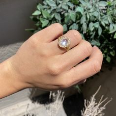 One of the most ethereal cluster rings to come across our desks as of late! This ring feels like magic on the finger, it glimmers and shrines in such a wonderfully radiant way. The cabochon moonstone center has a wonderful glow that is accented by a halo of 16 rose cuts in buttery 18kt yellow gold. She feels rustic, elegant, and oh so beautiful. 18kt Yellow Gold, size 6.5 & fully resizable.Moonstone measures: 8.88 x 6.47 x 4.16mmDiamonds are estimated to be H/J colors & VS/SI clarities. Fine Jewelry Moonstone With Halo, Luxury Moonstone Rings With Rose Cut Diamonds, Luxury Celestial Moonstone Halo Ring, Heirloom Moonstone Halo Ring Gift, Fine Jewelry: Halo Moonstone Pieces, Modern Mens Rings, Art Jewelry Earrings, Cluster Rings, Bespoke Rings